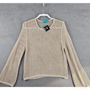 Beige Open Knit Crochet Sweater Sheer Boho Coastal Lightweight Pullover Size S
